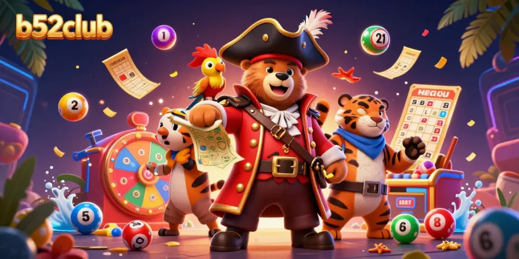 Shoot for winnings at b52club with a vibrant 3D scene of a pirate bear and tiger exploring casino treasures.