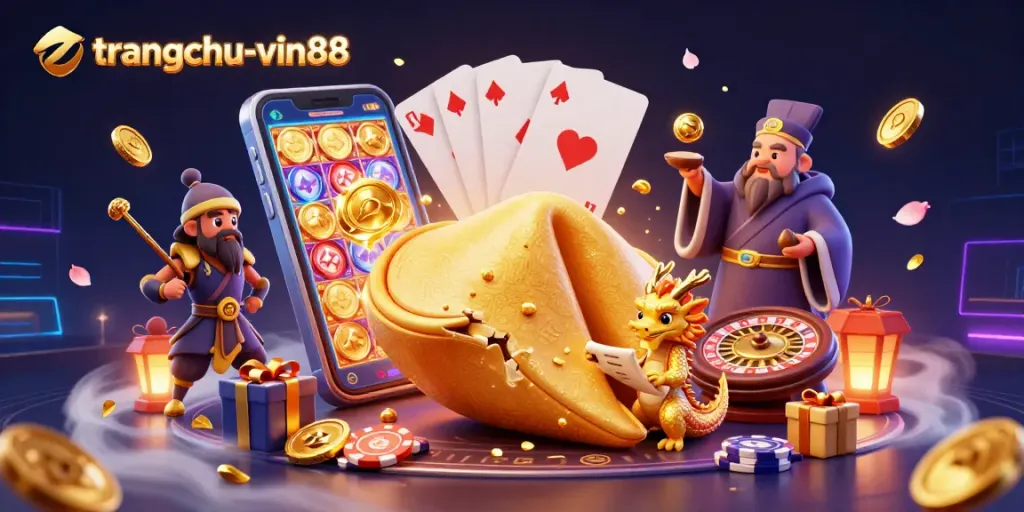 Experience thrilling gameplay at trangchu-vin88 with a captivating casino scene featuring a golden cookie and dynamic game elements.