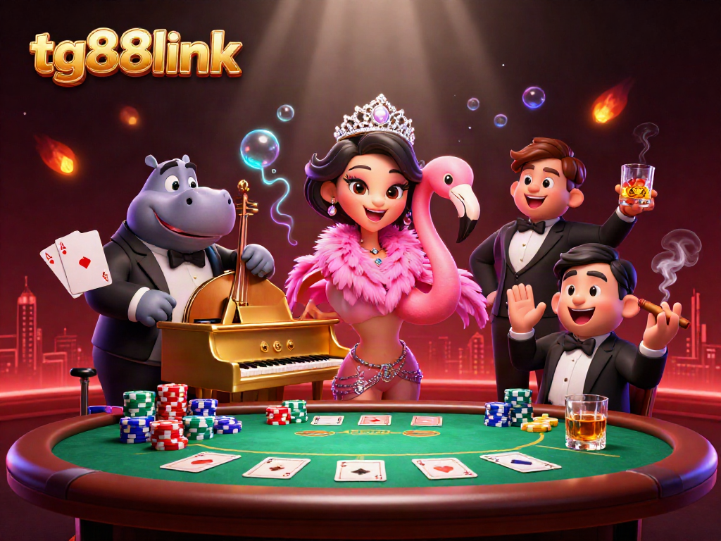 Engage with tg88link's lively casino scene featuring a flamingo singer and hippo bassist, perfect for gamblers.