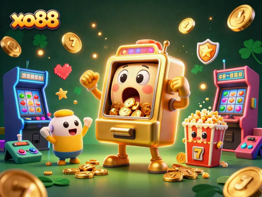 Experience the excitement of xo88 as a golden slot machine hits a jackpot, surrounded by cheering baby slots and dynamic game elements.
