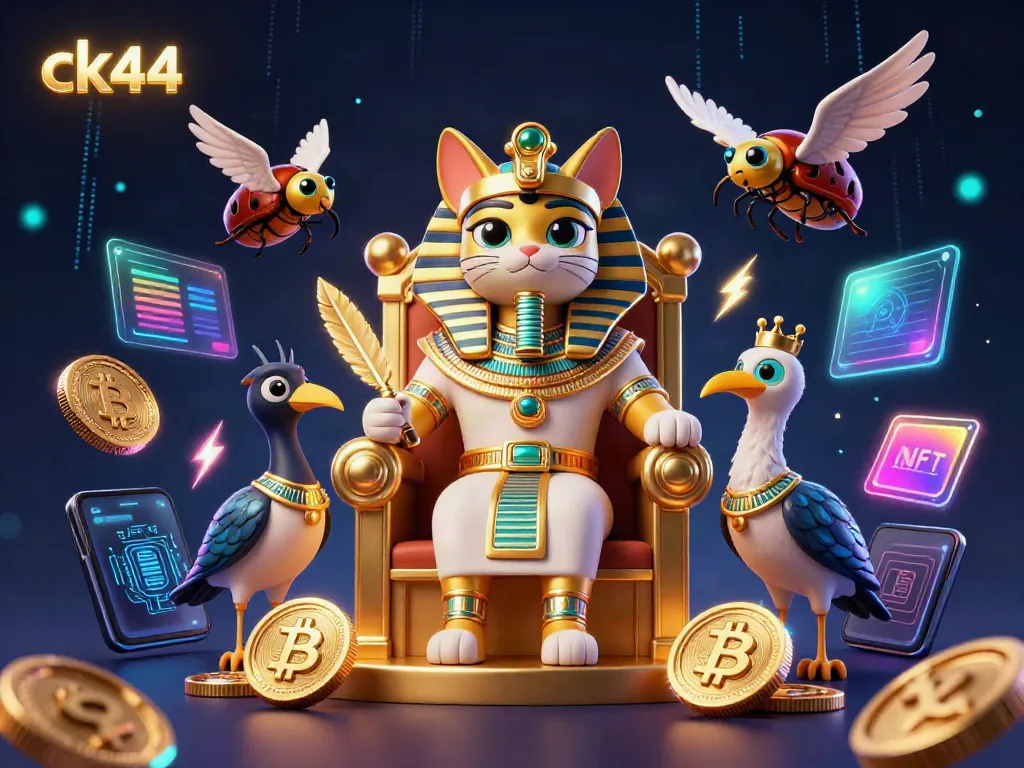 Engage with ck44's vibrant online casino experience featuring a rich 3D scene of Egyptian motifs and cryptocurrency elements.