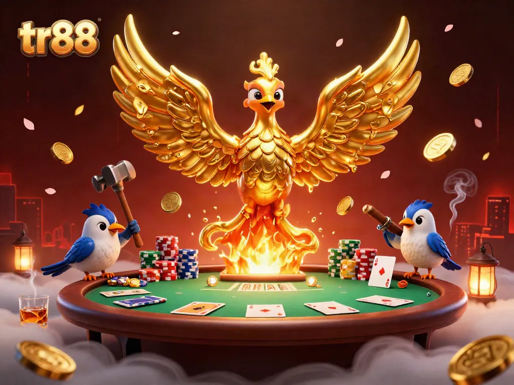 Experience thrilling moments with tr88's molten golden phoenix and poker elements in a vibrant casino scene.