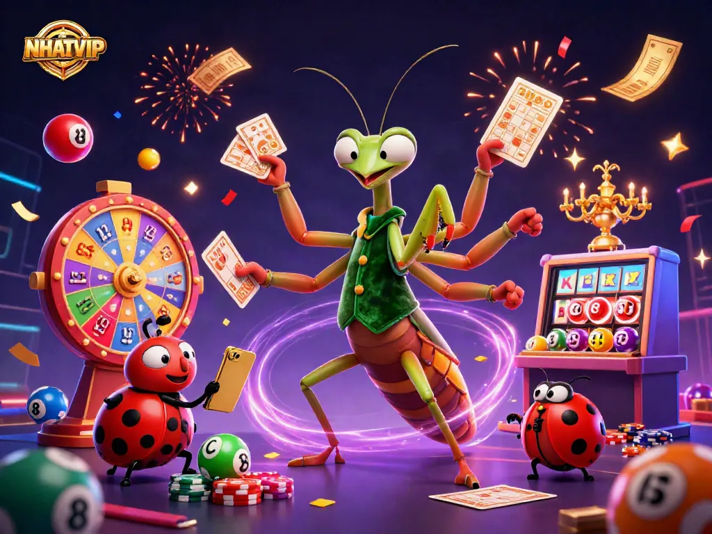 NhatVIP’s vibrant 3D casino scene featuring a card sharp and pit boss among lottery elements and confetti celebration.
