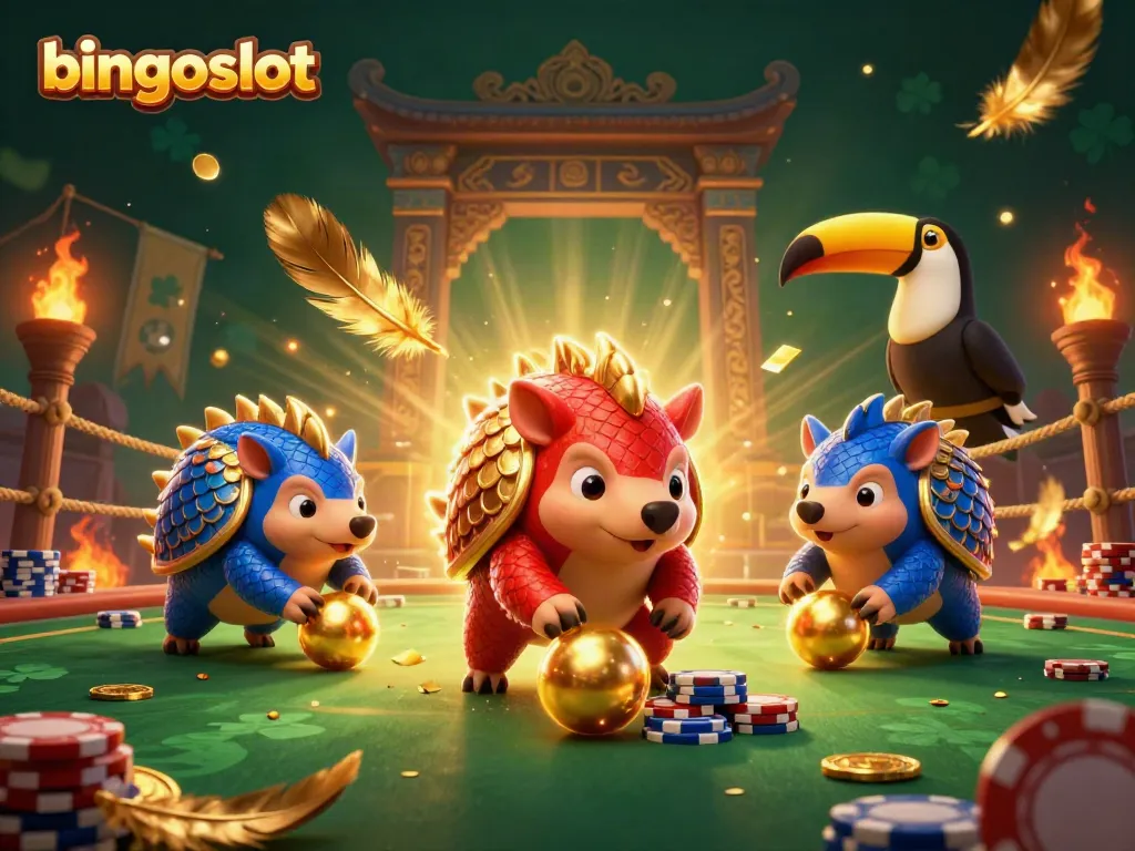 Menggulingkan bola emas dengan bingoslot oleh pangolin dalam pertempuran kasino yang meriah.