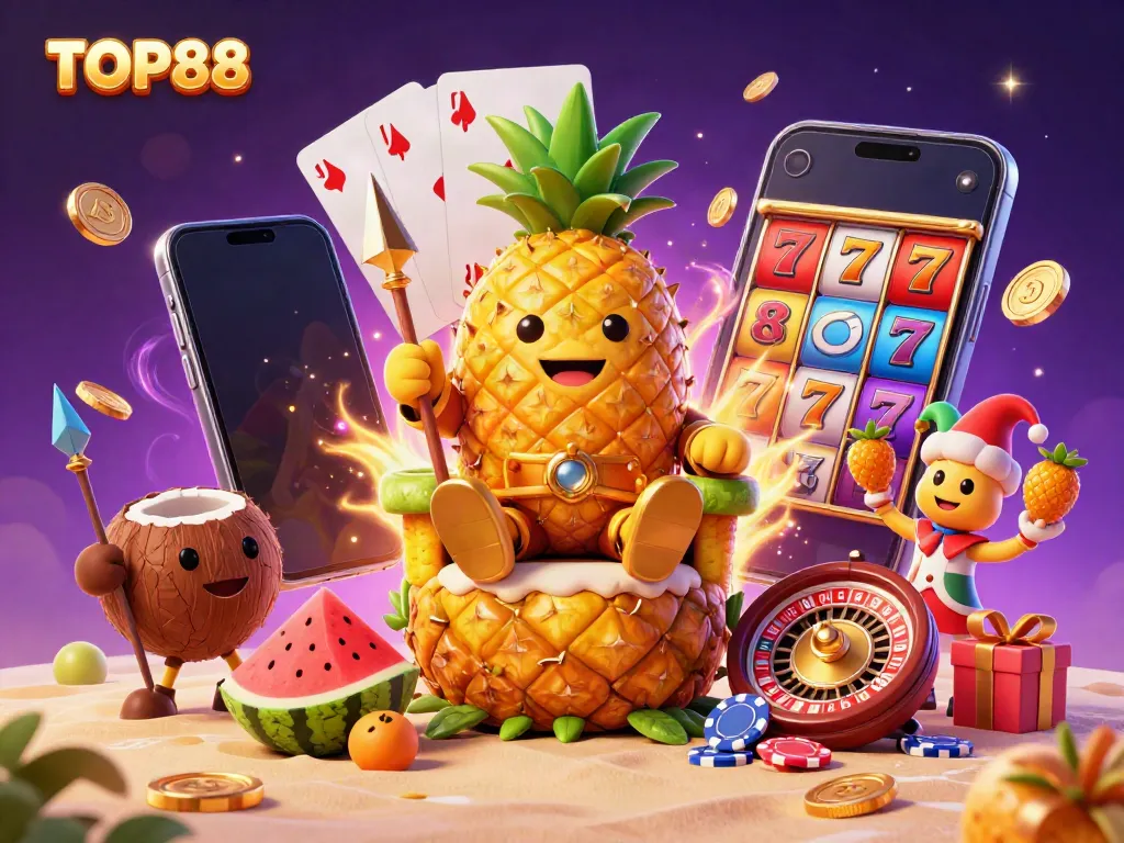 Spin the reels with TOP88 in this vibrant 3D casino-themed illustration featuring exciting gaming elements.