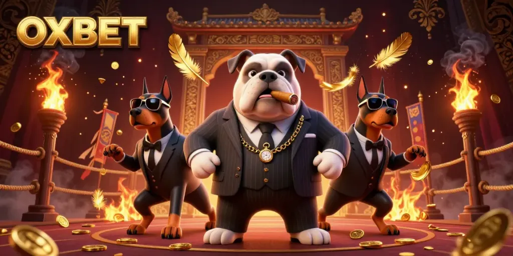 Experience thrilling action at OXBET with a vibrant 3D casino illustration featuring a mafia bulldog and bodyguard Dobermans.
