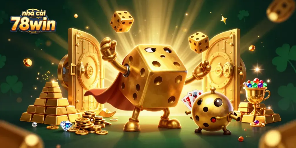 Engage with the excitement of nhà cái 78win featuring an animated golden dice golem and treasure elements.