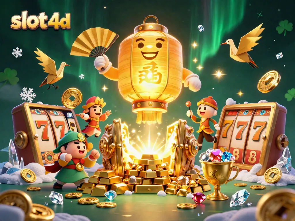 Memainkan slot 4d dengan semangat, dipenuhi simbol keberuntungan dan harta berkilau di kasino.