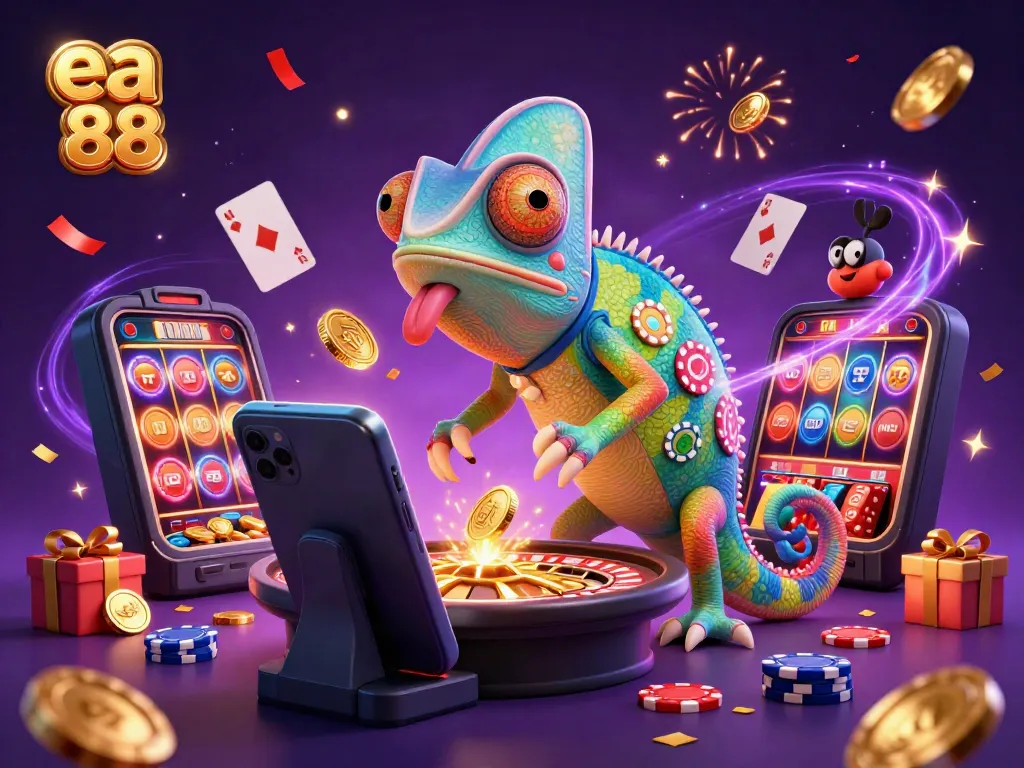 Engage in thrilling casino fun with ea 88, where a vibrant 3D chameleon owner indulges in playful winning.
