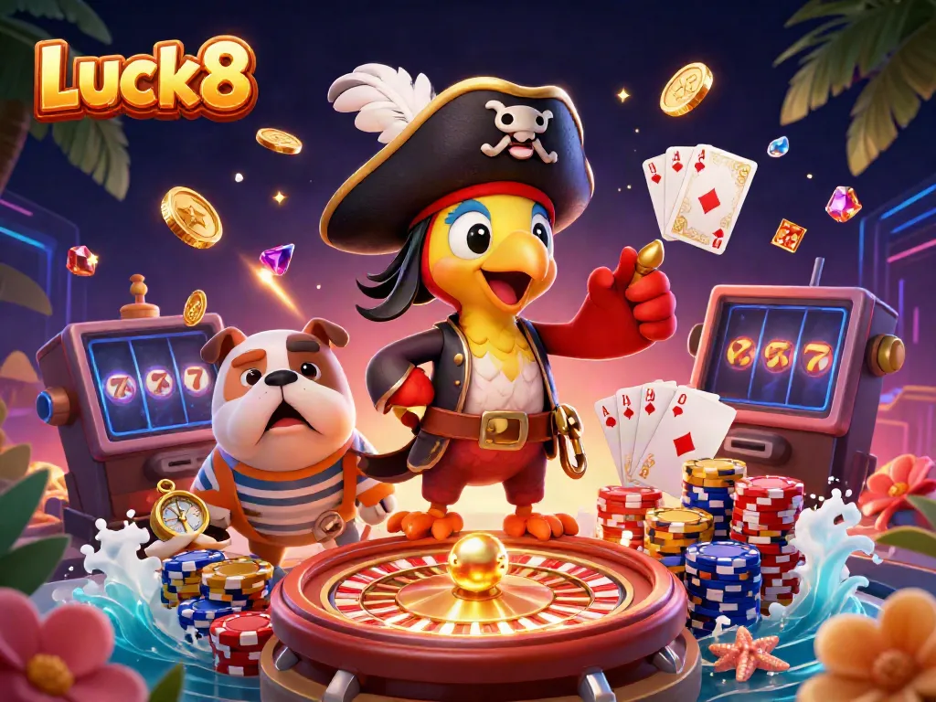 Experience thrilling adventures with Luck8 as the pirate captain issues commands amidst sparkling casino elements.
