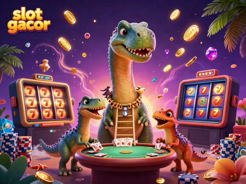 Engaging scene of slot gacor with a brontosaurus and raptor, showcasing vibrant casino elements.