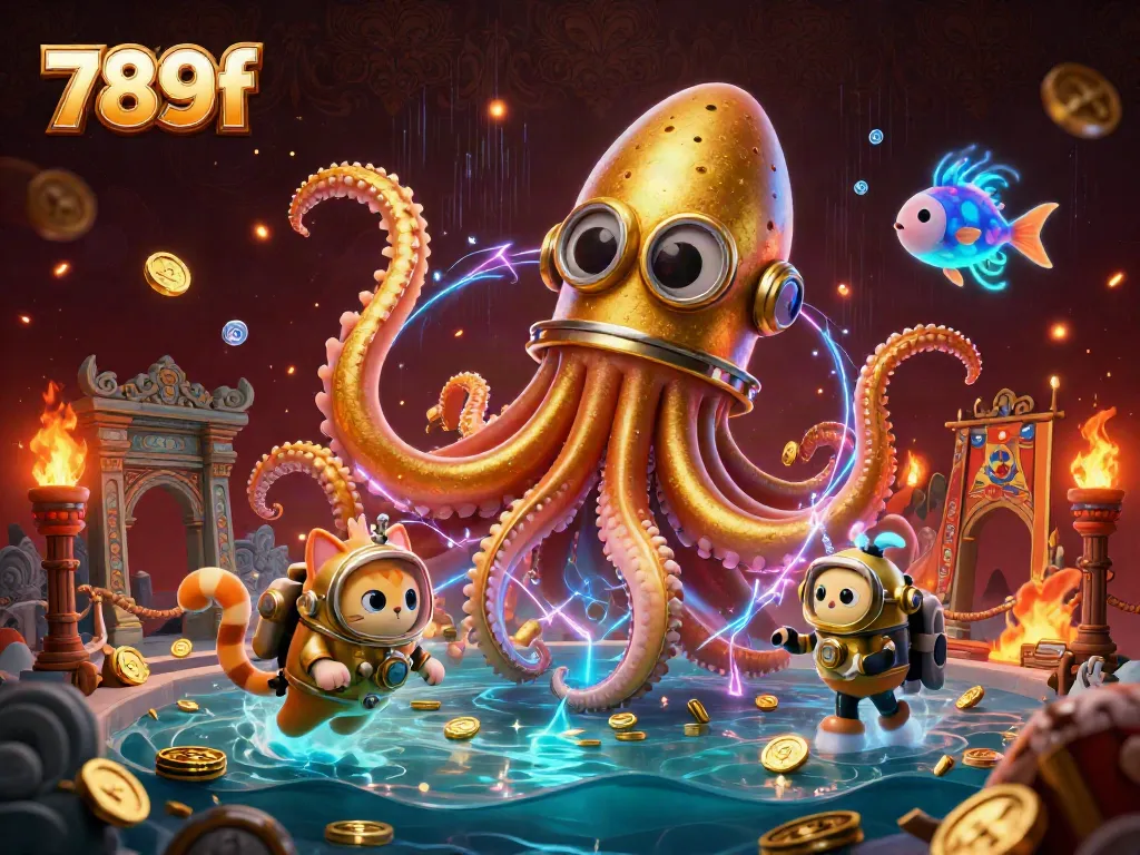 Experience thrilling adventures with 789f as a colossal kraken and diving cat explore a treasure-filled ocean.