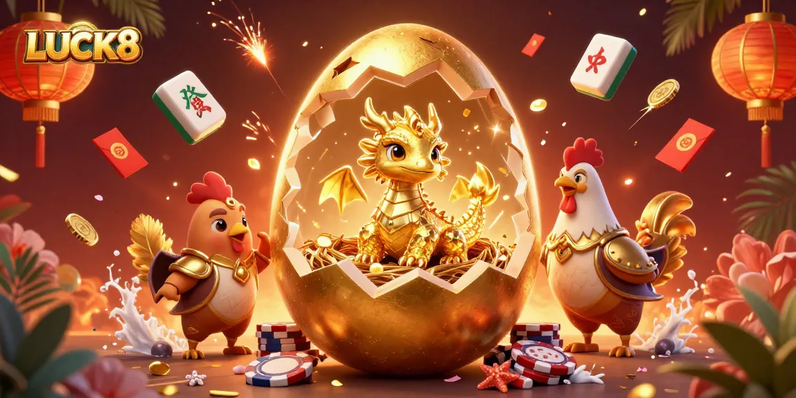 Engage with LUCK8's casino magic featuring a golden dragon on poker chips amidst vibrant gaming elements.