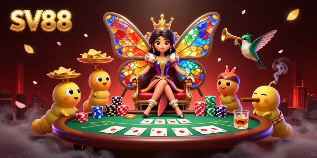Experience dynamic casino excitement with SV88's illustrated poker scene featuring colorful characters.