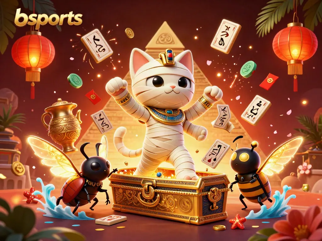 Watch the bsports Egyptian mummy cat and scarab beetle summon luck in a vibrant casino scene.