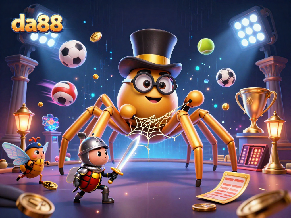 da88 illustration featuring a golden tarantula weaving a web among sports elements in a vibrant casino