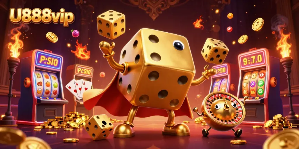 Engage with U888vip gaming; a vibrant 3D illustration featuring exciting slots and dynamic gambling elements.