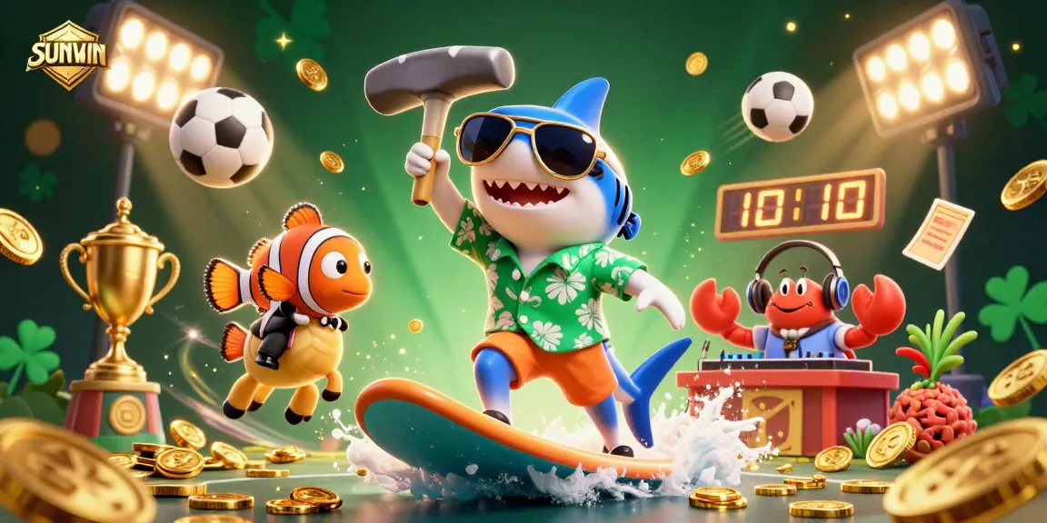SUNWIN offers a vibrant gaming experience with a hammer-head shark surfing on gold coins amidst dynamic sports elements.