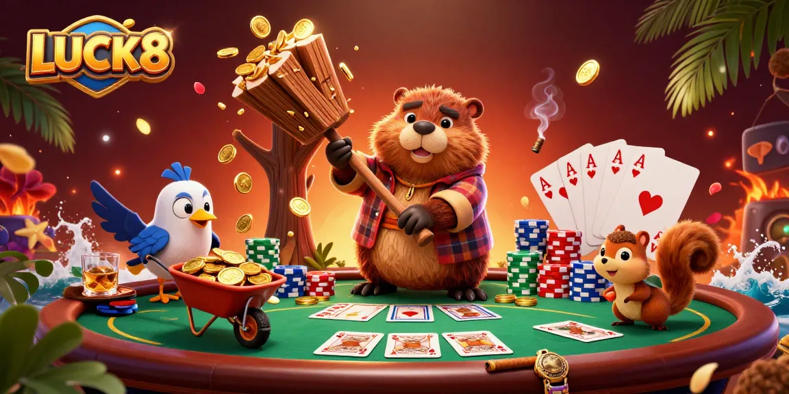 Experience LUCK8 with a dynamic casino scene featuring characters collecting coins and gaming elements.