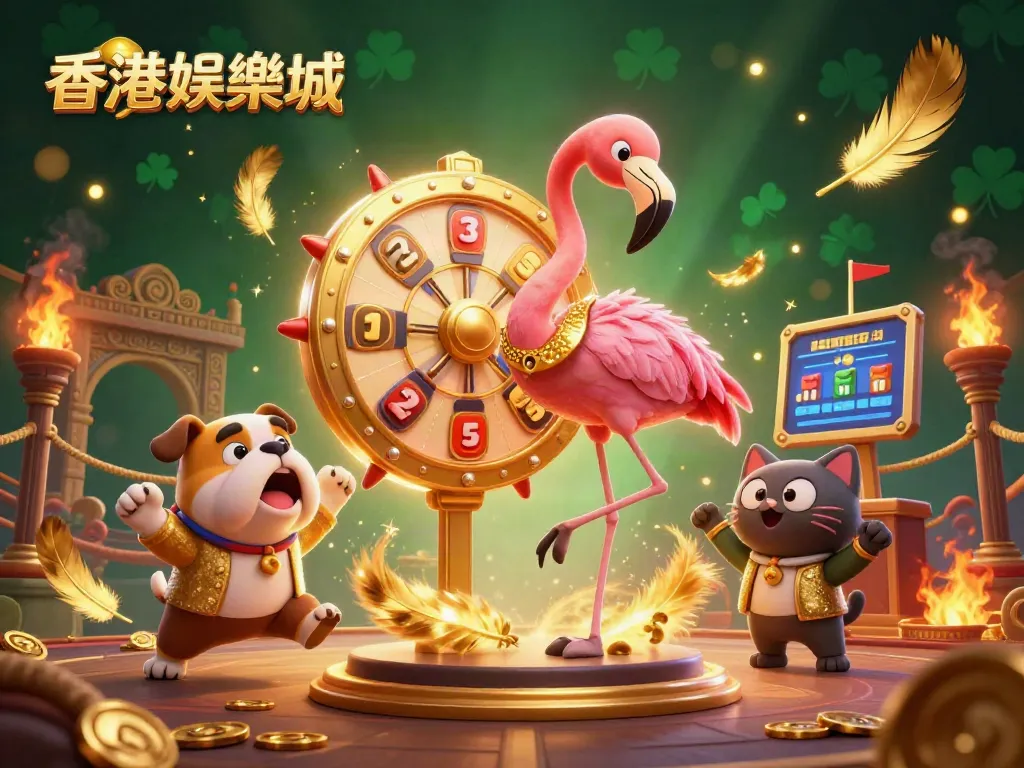 Catching the excitement at 香港娛樂城 with a dazzling game show scene showcasing a flamingo host and energetic contestants.