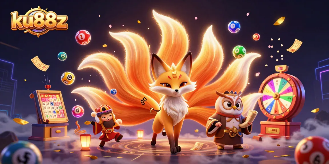 ku88z showcases a lively gambling scene with vibrant lottery elements and dynamic characters