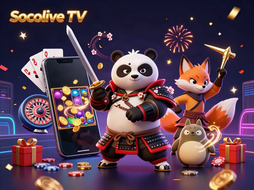 Experience the dynamic world of Socolive TV with a vibrant 3D setting featuring samurai panda and ninja fox immersed in gambling elements.