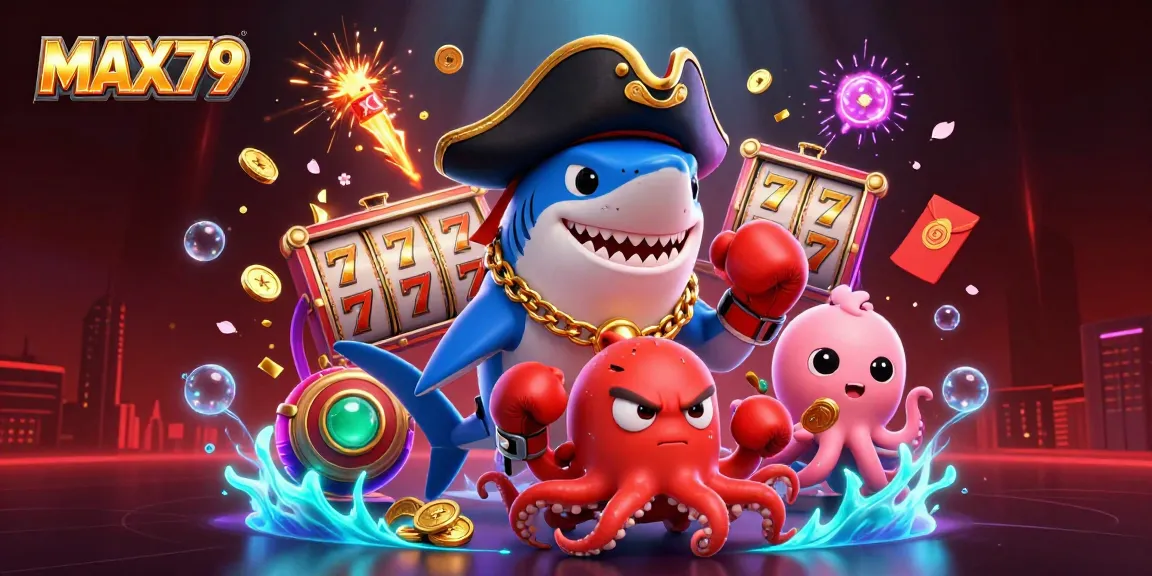 Experience the excitement of MAX79 with a vibrant 3D casino scene featuring a pirate shark and friends.
