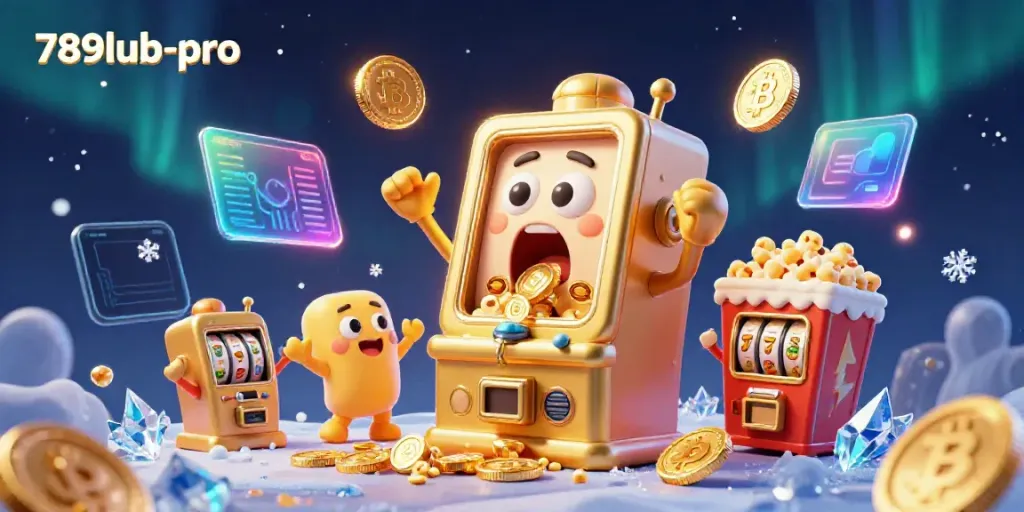 Watch the 789lub-pro slot machine winning big with coins spilling out, highlighted by Ethereum and Bitcoin coins.