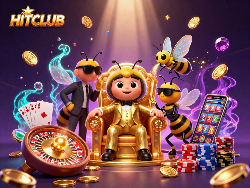 Engage with HITCLUB's vibrant casino scene featuring a bumblebee mob boss and dynamic game elements.