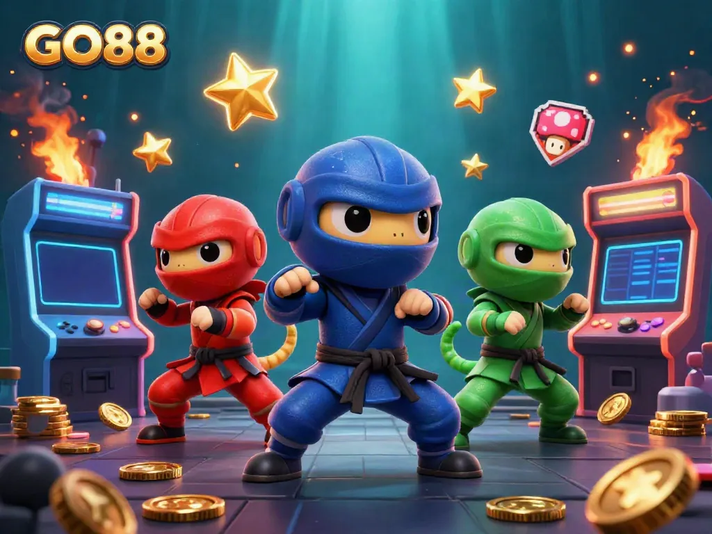 Engage with GO88 in a dynamic battle scene featuring ninja chameleons and vivid gaming elements.