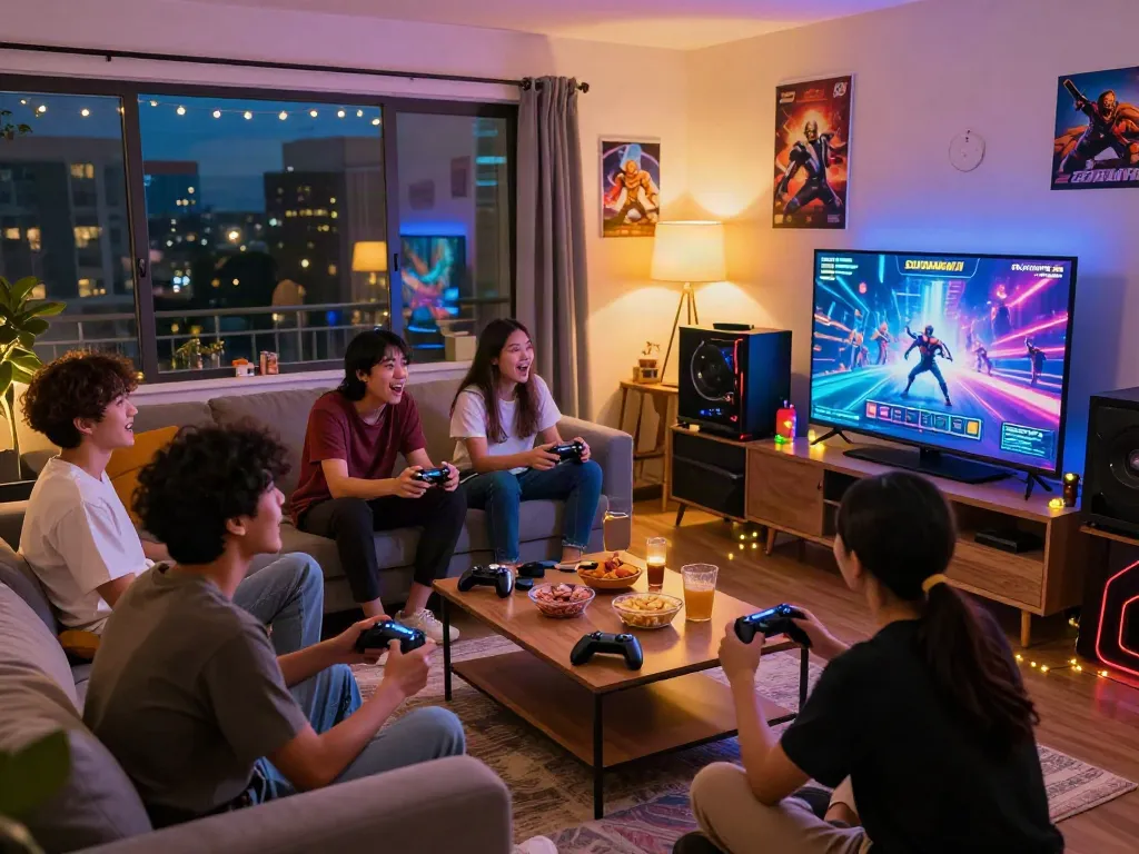 Engaged players enjoying Sun win gaming experience in a lively living room
