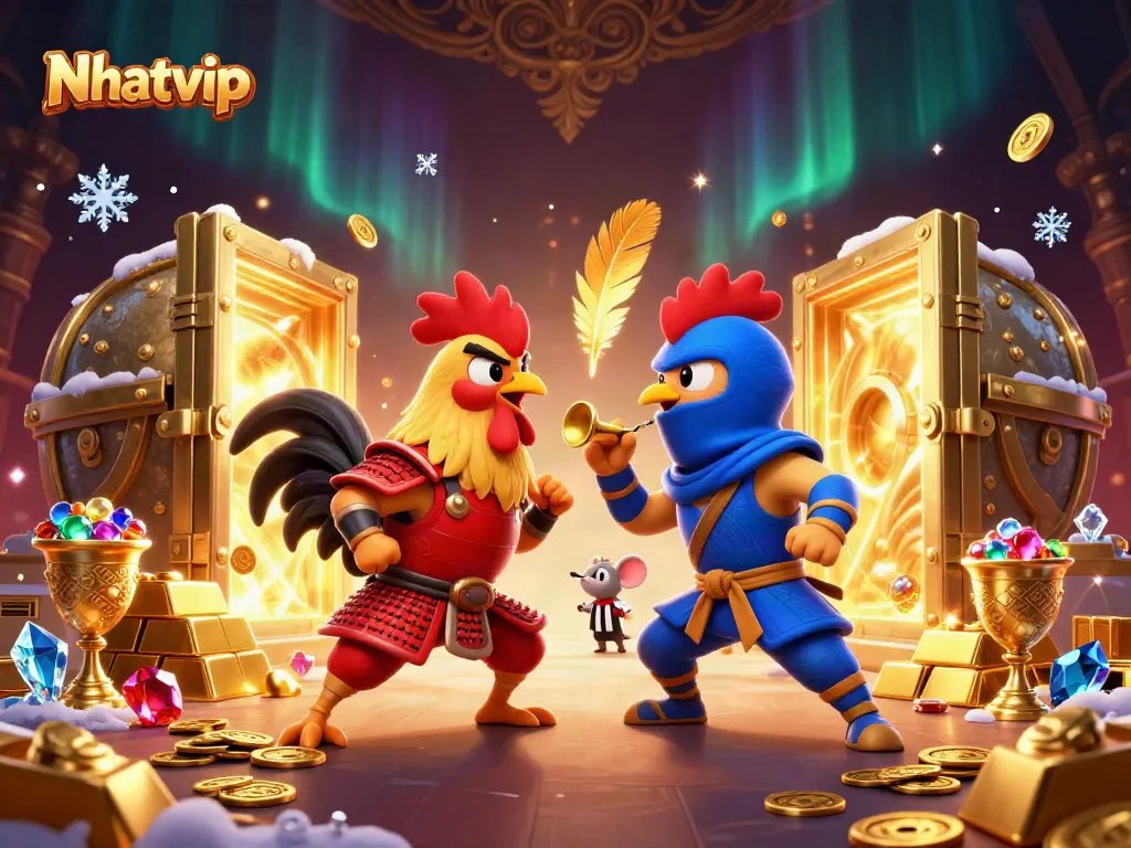 Nhatvip showcases a thrilling rooster duel amid a treasure-filled casino scene.