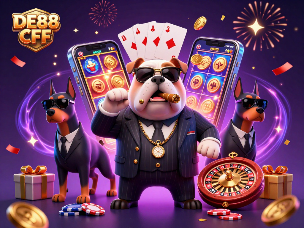 Experience dynamic slot gaming with DE88 CFD, featuring a mafia boss and his bodyguards amid vibrant casino elements.