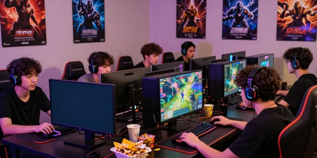 Kilat404 online gaming community with diverse players engaged in multiplayer action, showcasing vibrant gear and an electric atmosphere.
