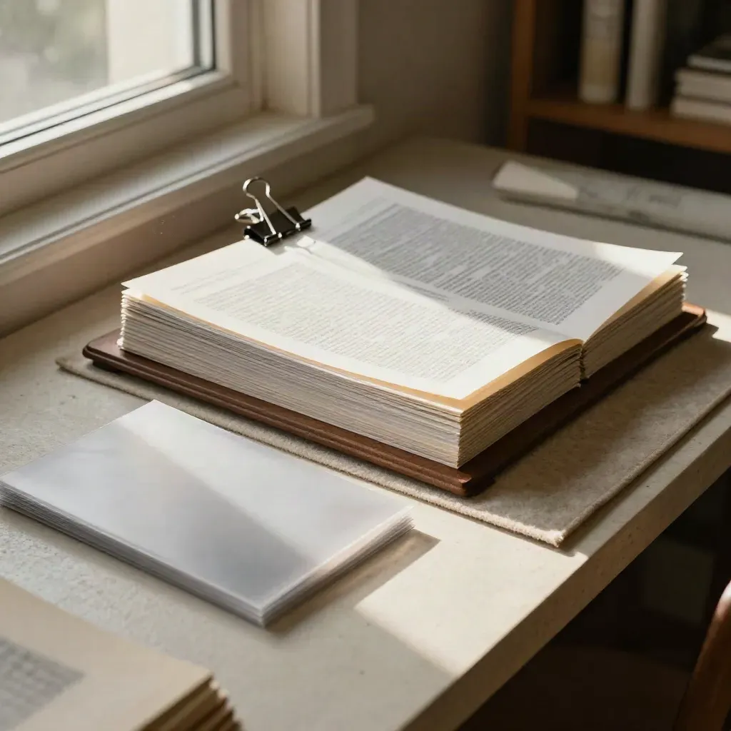 Otwarty portfel z projektami, klipsem i koszulkami w ciepłym świetle studia.