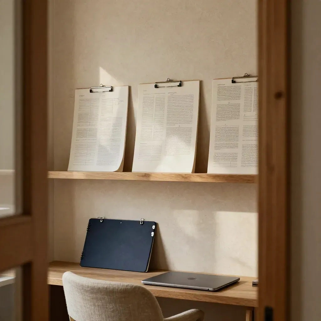 Kącik oceny portfolio na ścianie, trzy plansze, krzesło i zamknięty laptop w ciepłym świetle.