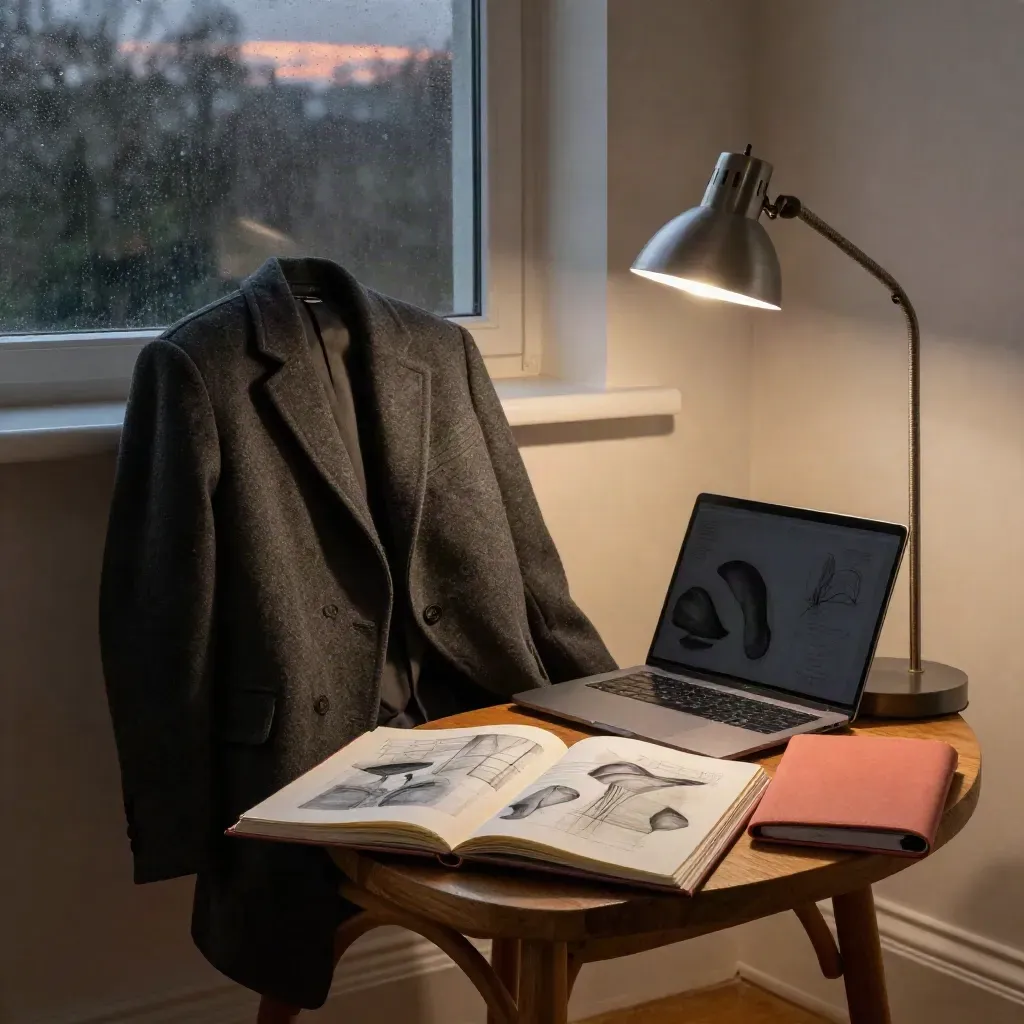 Płaszcz na krześle, otwarty szkicownik i laptop pod lampą w wieczornym studio.