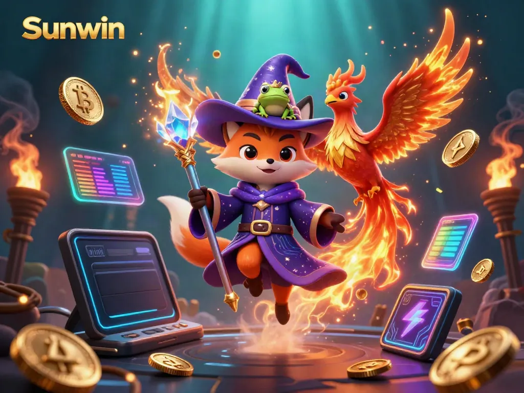 Experience the vibrant world of Sunwin with a mystical wizard fox and phoenix, surrounded by innovative gaming elements.