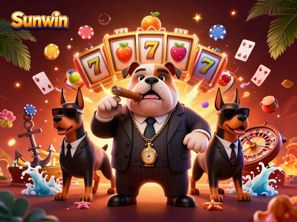 Win big with Sunwin in this vibrant casino scene featuring a mafia boss bulldog and explosive slot reels.