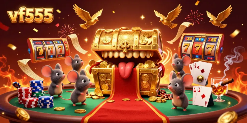 Engage in the thrilling spirit of vf555 with a treasure chest and slot elements in this captivating 3D scene.