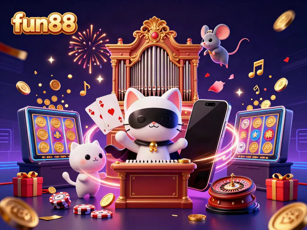 Experience fun88's vibrant casino atmosphere with a whimsical illustration of games and characters.
