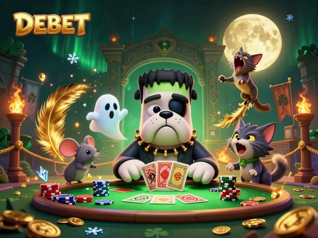 DEBET themed illustration with a cartoon monster dealer, ghost mouse, and werewolf kitten in vibrant casino scene.