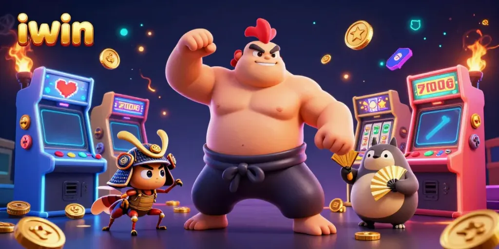 Engage with iwin's online slots and arcade games featuring a dynamic sumo rooster, a samurai cricket, and a tanuki announcer.
