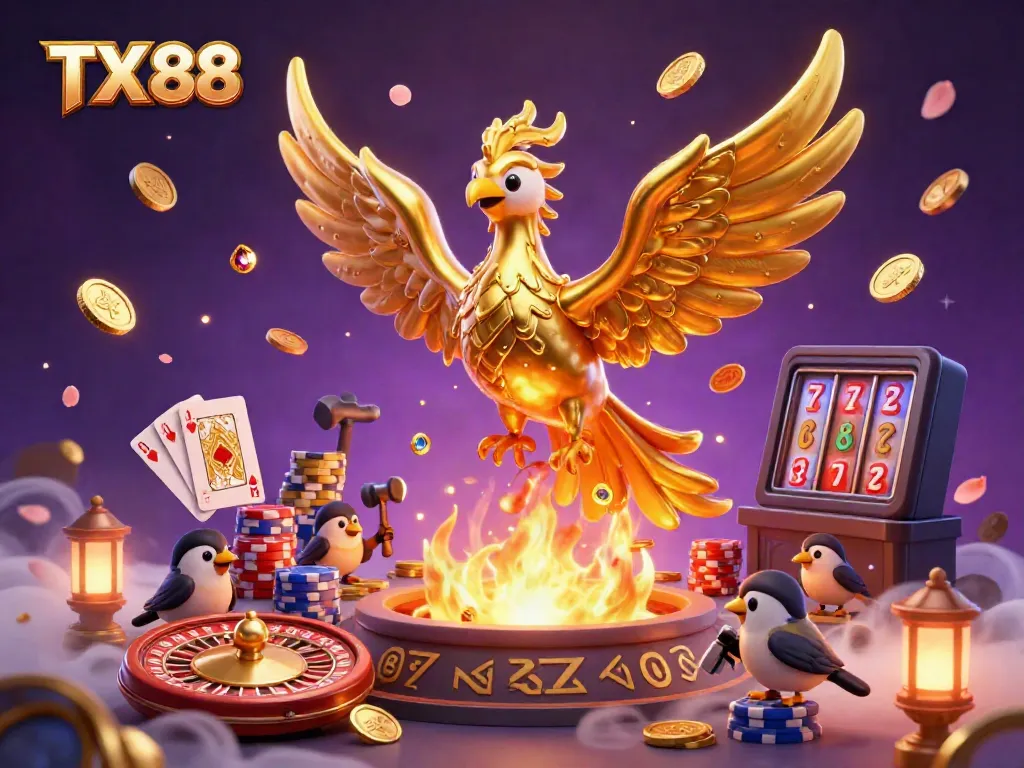 Experience the excitement of TX 88 as molten gold transforms into coins in a vibrant casino atmosphere.