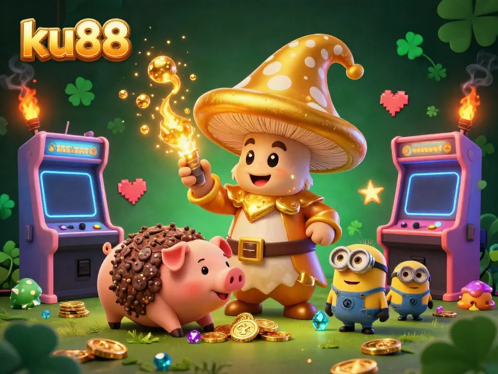 Kicking off winnings at ku88 with a vibrant golden mushroom wizard and treasure-seeking truffle pig in a casino-themed illustration.