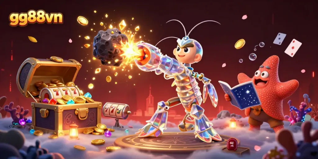 Engage in thrilling gaming with gg88vn as galactic samurai mantis shrimp and starfish conquer a treasure-filled scene.