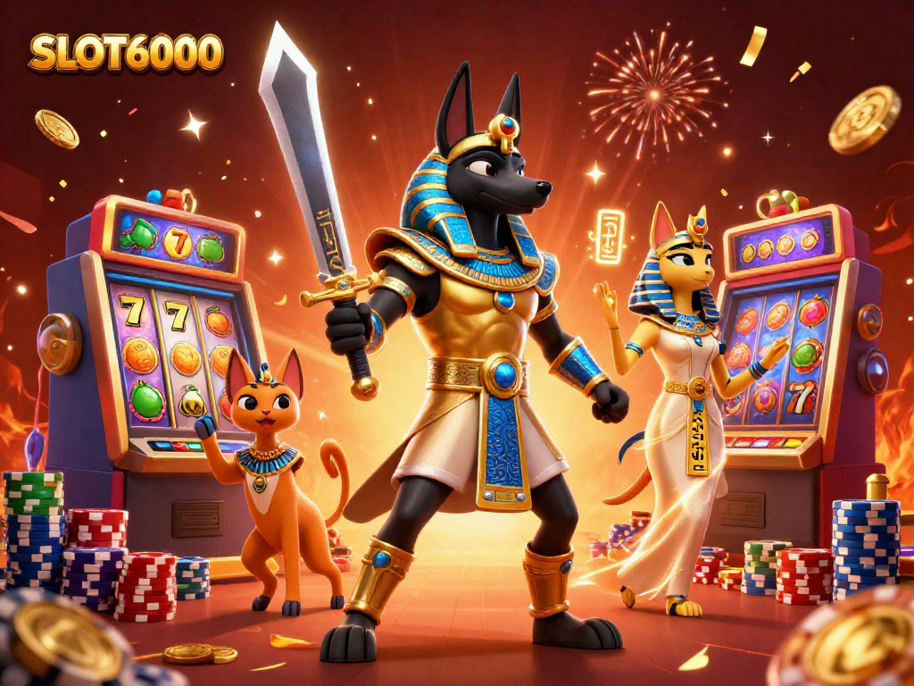 SLOT6000 captivates with a vivid 3D scene featuring Anubis and Bastet amidst spinning slot machines and vibrant casino elements.