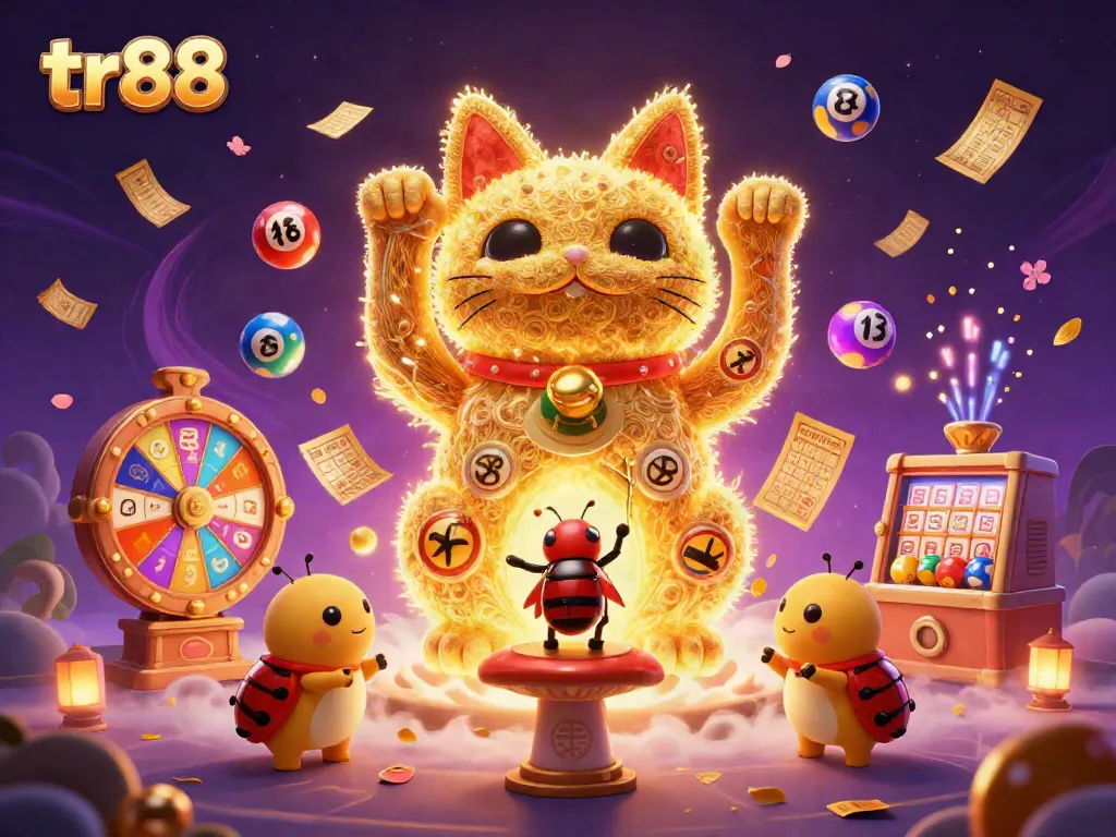 Engage with tr88's vibrant casino celebration featuring a lucky cat, lottery balls, and a conductor beetle.