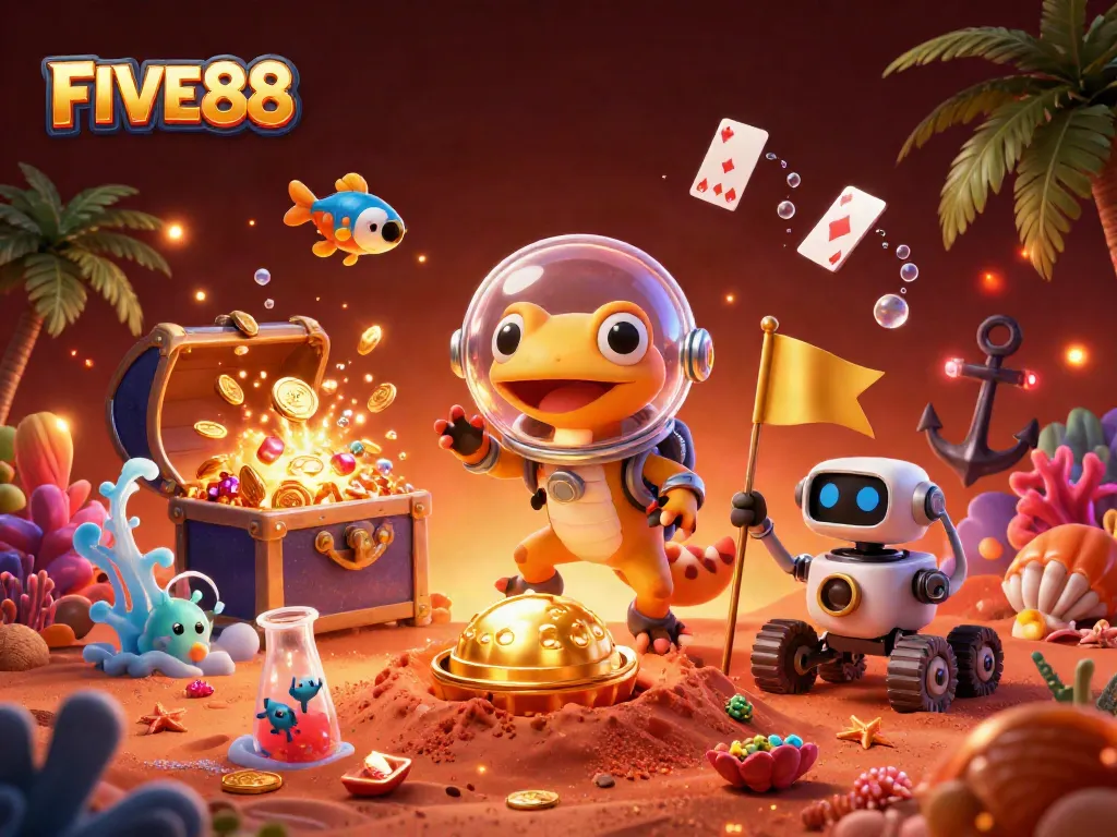 Engage in thrilling action at FIVE88's casino with Martian characters and vibrant treasure elements.
