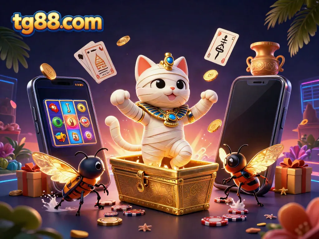 Experience thrilling gameplay at tg88 com with a vibrant 3D scene featuring a mummy cat and glowing casino elements.